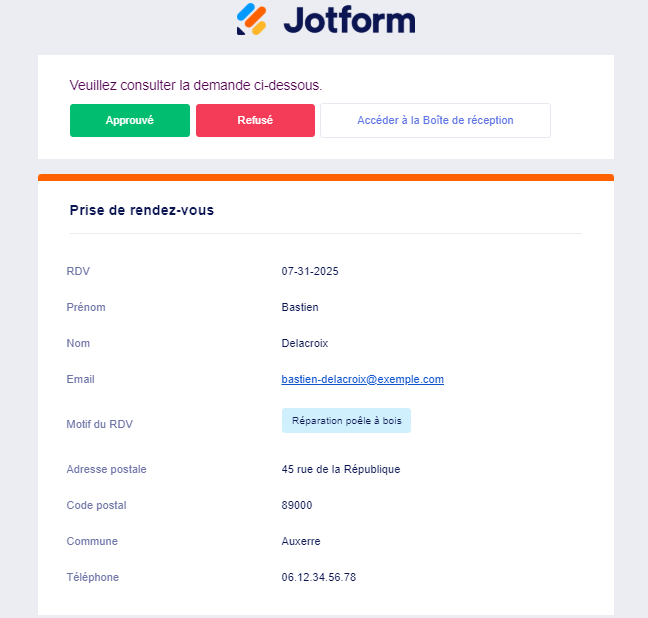 Capture d'écran d'un email de notification de demande d'approbation provenant des Flux de travail Jotform