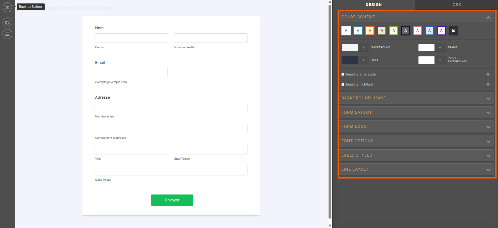 Capture d'écran d'un formulaire dans l'Outil de conception avancé du Générateur de formulaires de Jotform avec un encadré autour des options qu'il est possible d'ajuster
