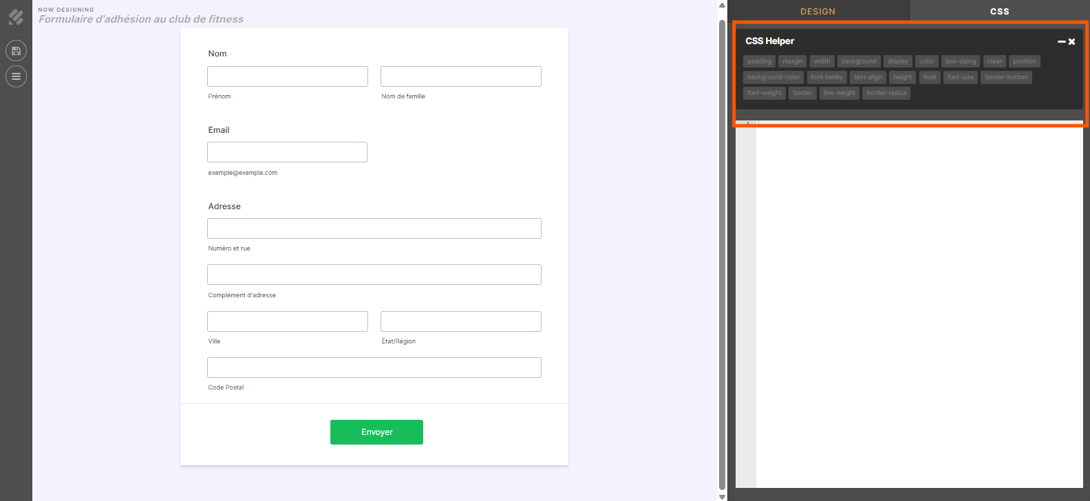 Capture d'écran de l'onglet CSS dans l'Outil de conception avancé du Générateur de formulaires de Jotform avec un encadré autour de l'Aide CSS offerte
