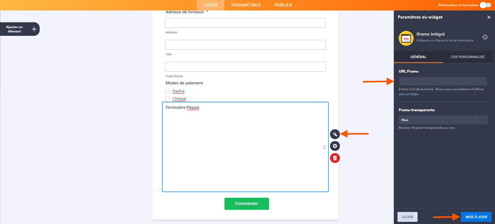 Capture d'écran du champ du widget Iframe intégré avec une flèche pointant vers l'icône de baguette, une autre pointant vers le champ de l'URL Frame et une troisième pointant vers le bouton Mise à jour dans le Générateur de formulaires Jotform