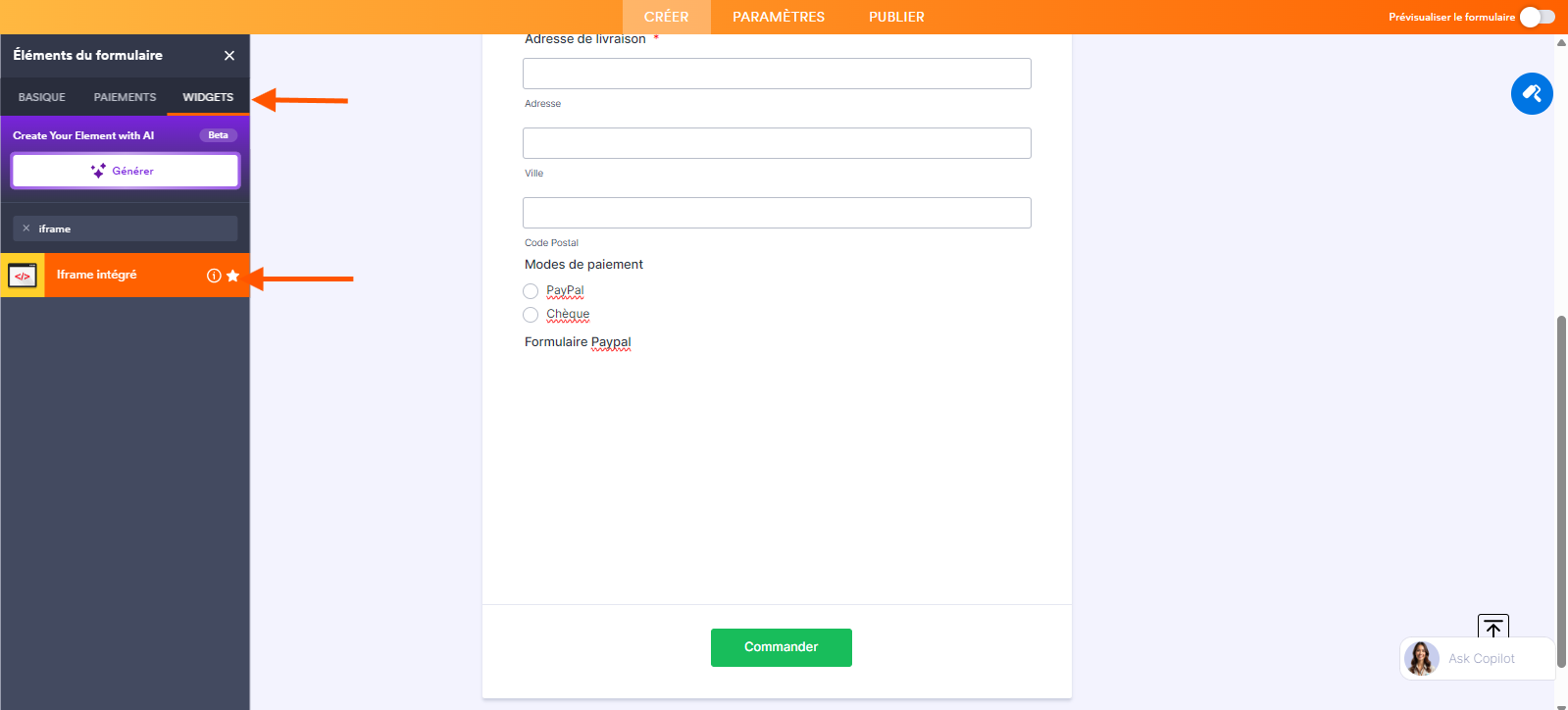 Capture d'écran du volet Élément de formulaire avec une flèche pointant vers l'onglet widget et une autre pointant vers le widget Iframe intégré dans le Générateur de formulaires Jotform