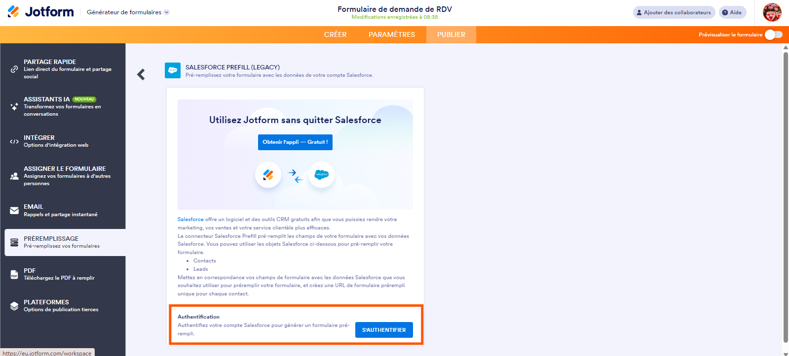 Capture d'écran montrant la section Authentification du Préremplissage Salesforce dans le Générateur de formulaires Jotform 