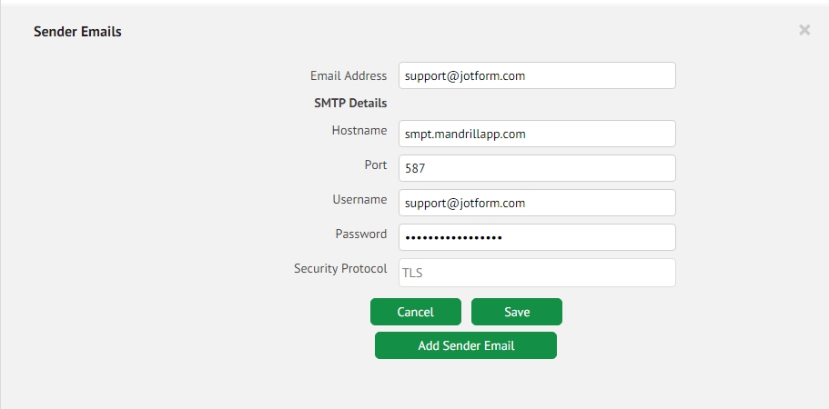 Capture d'écran de la page de renseignements de l'email de l'expéditeur dans Mandrill