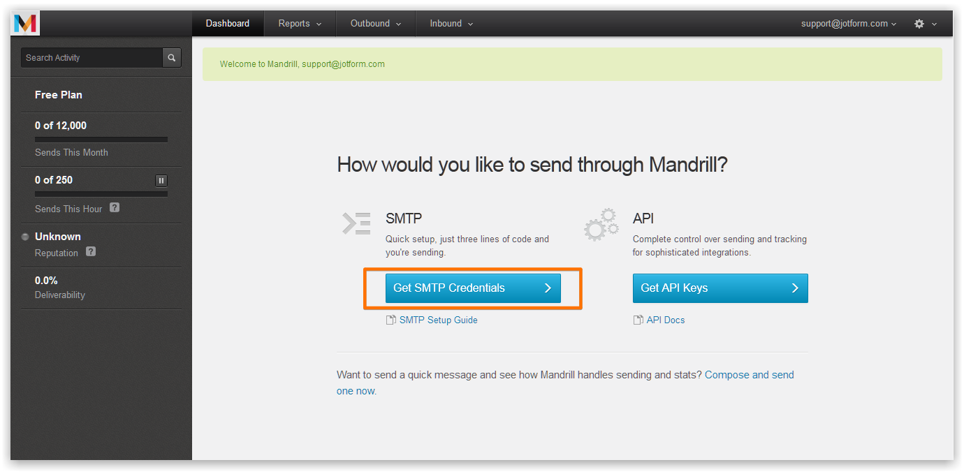 Capture d'écran du tableau de bord Mandrill avec un encadré autour du bouton Obtenir les identifiants SMTP