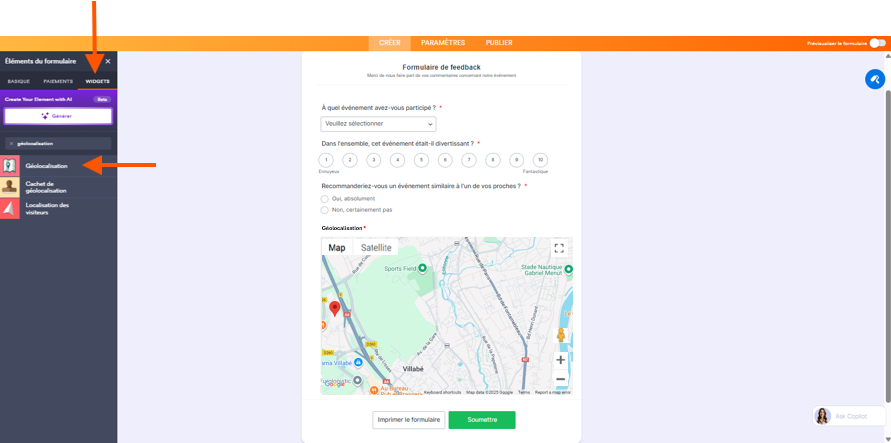 Capture d'écran d'un widget Géolocalisation ajouté dans un formulaire dans le Générateur de formulaires Jotform avec une flèche pointant vers l'onglet Widgets du volet Éléments de formulaires et une autre pointant vers Géolocalisation dans la barre de recherche