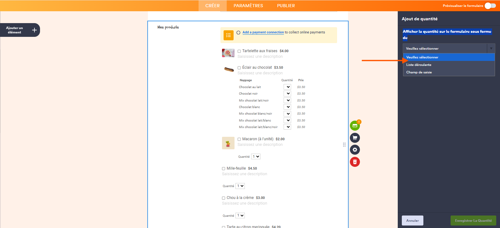 Capture d'écran d'un formulaire de commande de pâtisseries dans le Générateur de formulaires Jotform avec le volet Ajout de quantité ouvert à droite et une flèche pointant vers le menu du champ Afficher la quantité sur le formulaire sous forme de