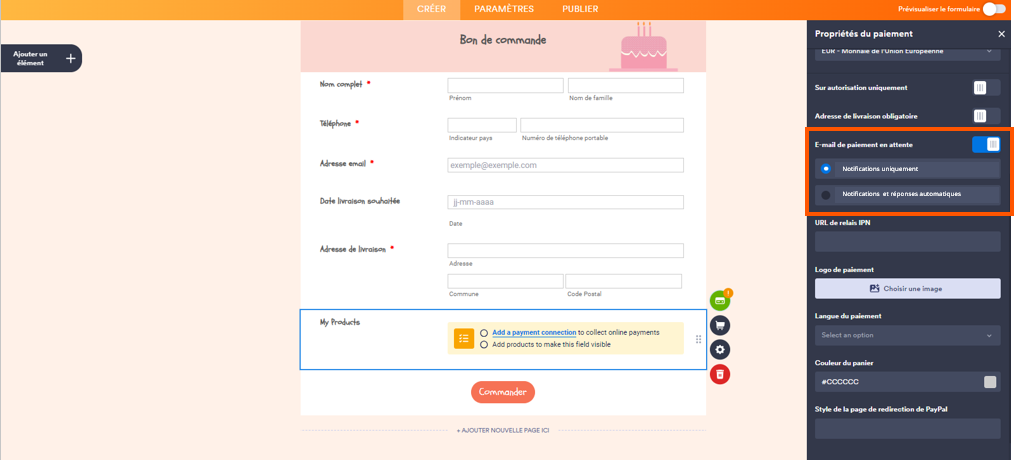 Capture d'écran d'un formulaire dans le Générateur de formulaire Jotform montrant comment configurer les préférences de notification par email pour les paiements en attente dans l'intégration PayPal Standard de Jotform