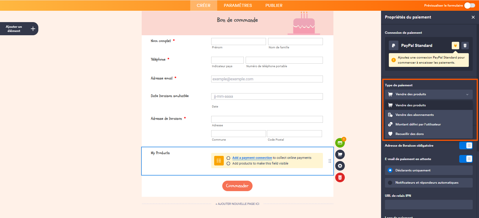 Capture d'écran d'un formulaire dans le Générateur de formulaire Jotform avec un encadré autour du menu Type de paiement dans le volet Propriétés du paiement