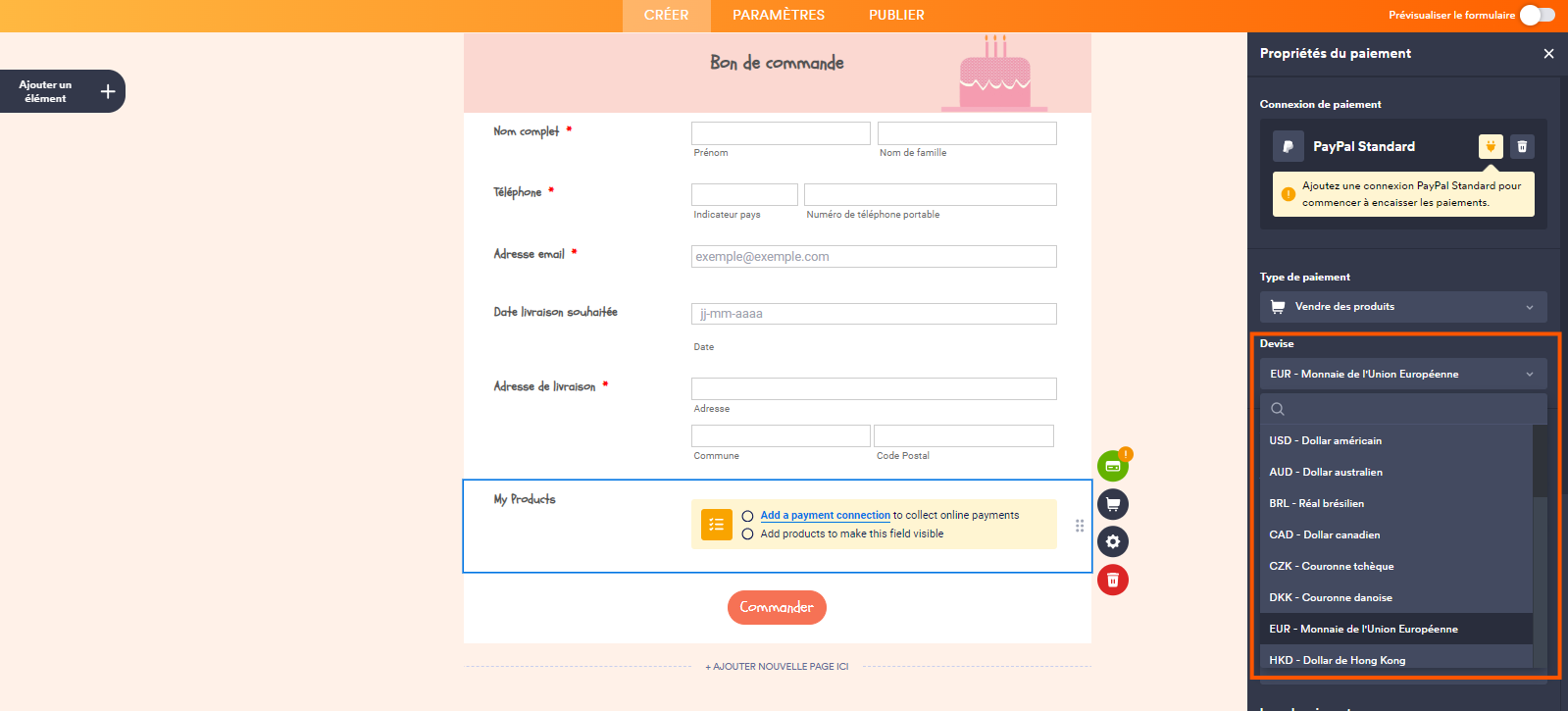 Capture d'écran d'un formulaire dans le Générateur de formulaire Jotform avec un encadré autour du menu Devise dans le volet Propriétés du paiement