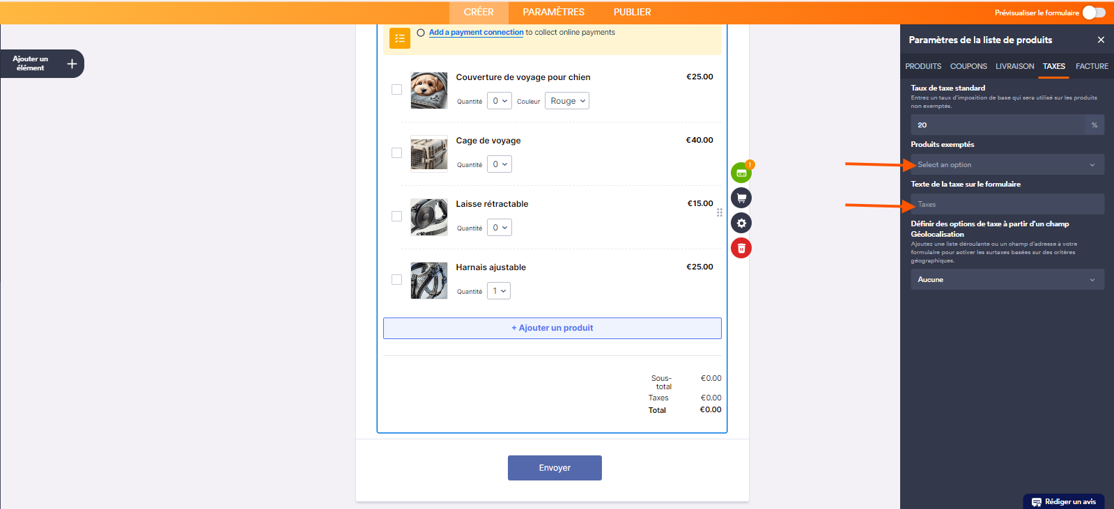 Capture d'écran d'un formulaire dans le Générateur de formulaires Jotform avec une flèche pointant vers le champ Produits exemptés et une autre pointant vers le champ Texte de la taxe sur le formulaire dans le volet Paramètres de la liste de produits