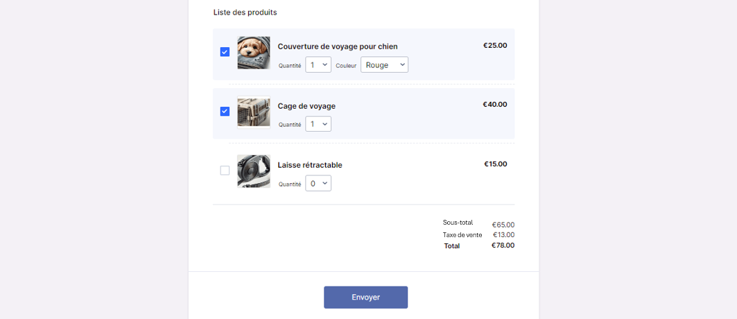 Capture d'écran de la liste de produits d'un formulaire Jotform avec le total de la commande montrant le sous-total, le montant de la taxe de vente calculée automatiquement et le total de la commande