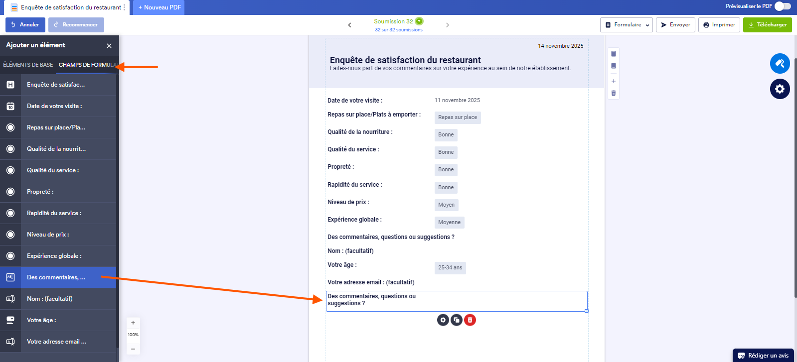 Capture d'écran d'un document PDF créé dans l'Éditeur de PDF Jotform avec un flèche pointant vers l'onglet Champs de formulaire dans le volet Ajouter un élément ouvert à gauche et une autre reliant le champ de formulaire commentaires à ce champ ajouté dans le document PDF