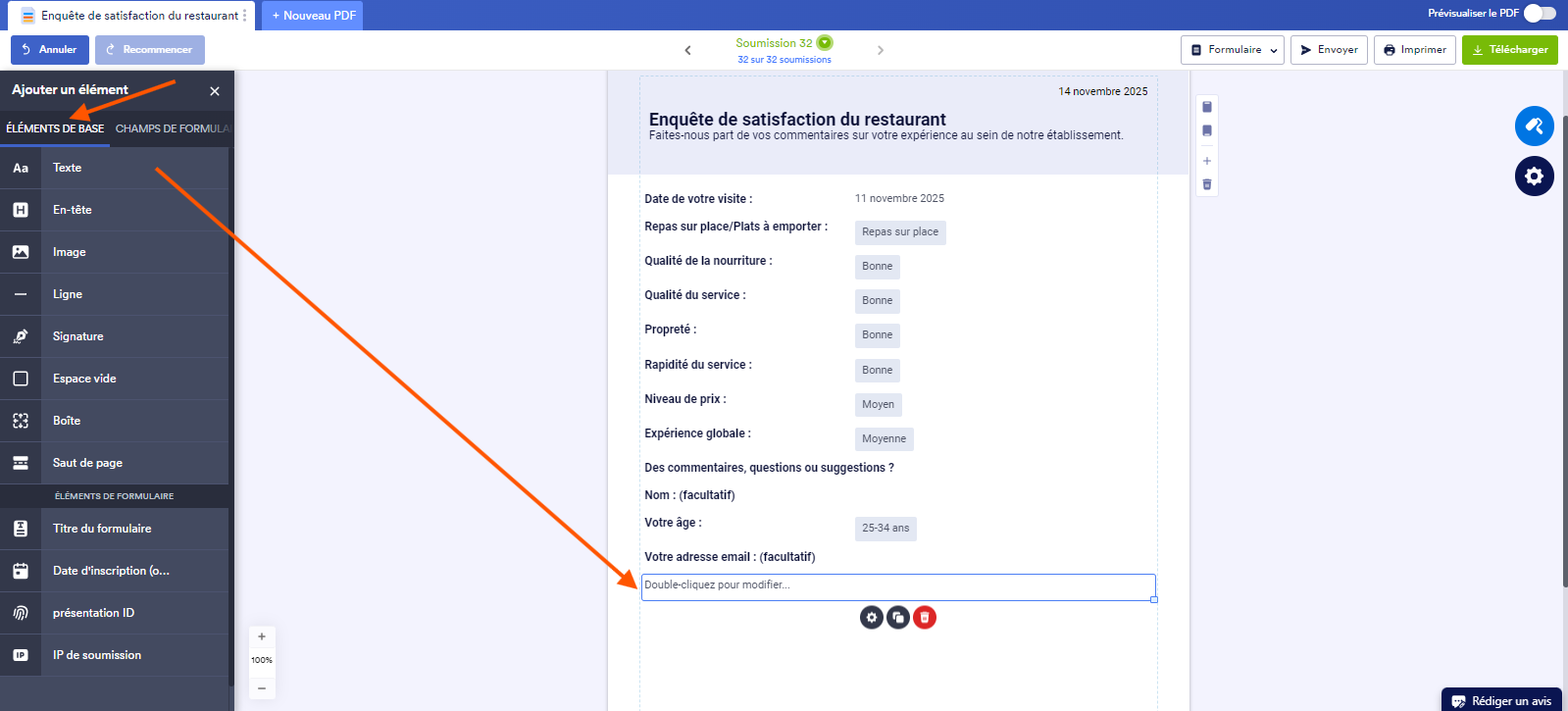 Capture d'écran d'un document PDF créé dans l'Éditeur de PDF Jotform avec un flèche pointant vers l'onglet Éléments de base dans le volet Ajouter un élément ouvert à gauche et une autre reliant le champ de formulaire Texte à ce champ ajouté dans le document PDF