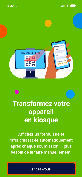 Capture d'écran de la page Transformez votre appareil en kiosque de Jotform Mobile avec le bouton Lancez-vous ! encadré
