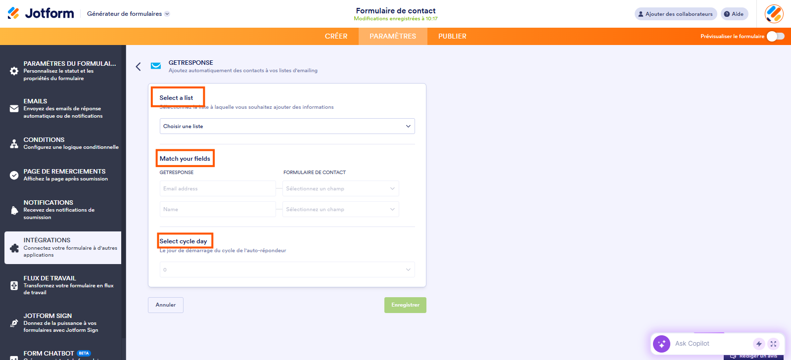 Capture d'écran de la fenêtre des paramétrages de l'intégration GetResponse dans le Générateur de formulaires Jotform avec des encadrés autour des sections Sélectionner une liste : choisissez la liste à laquelle vous souhaitez, Faire correspondre vos champs et Sélectionner le jour du cycle