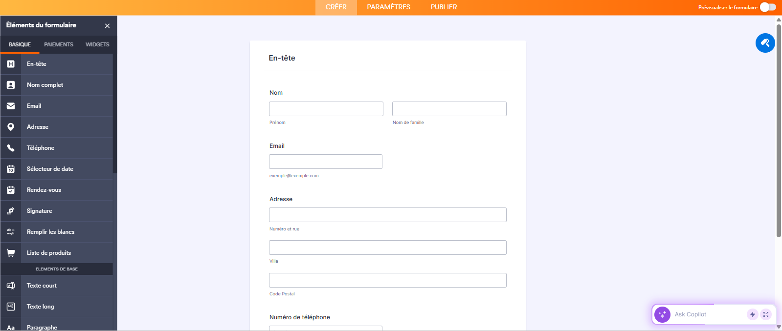Capture d'écran du volet Éléments du formulaire dans le Générateur de formulaires Jotform et d'un formulaire comprenant les éléments En-tête, Nom, Email, Adresse, Numéro de téléphone, etc