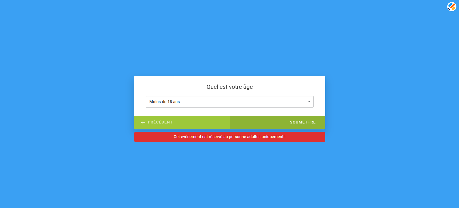 Capture d'écran de l'aperçu d'un formulaire à cartes Jotform qui montre le bouton Soumettre désactivé pour les utilisateurs qui ne remplissent pas les conditions configurées et un message d'avertissement en rouge