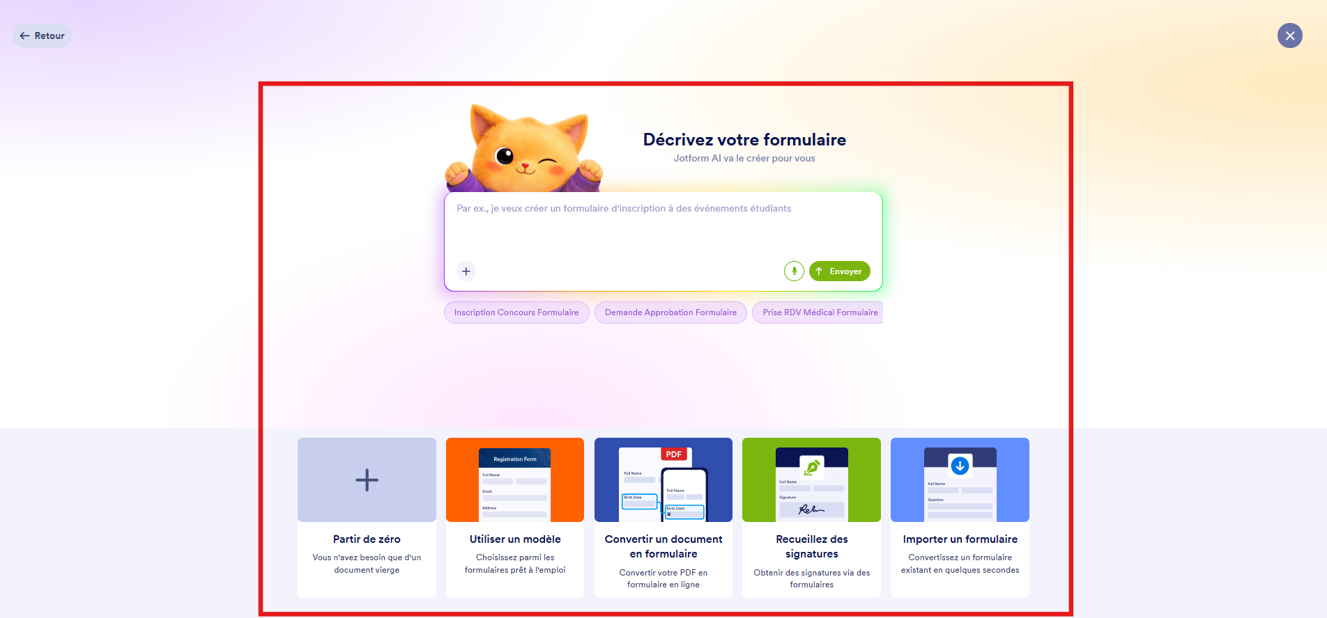 Capture d'écran de la page de création de formulaire affichant plusieurs options telles que « Partir de zéro », « Utiliser un modèle », « Convertir un document en formulaire », etc