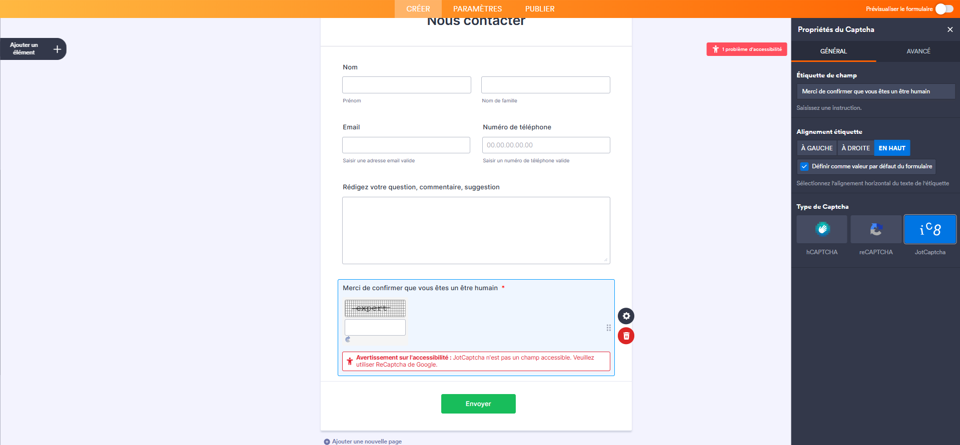 Capture d'écran d'un formulaire avec un message d'avertissement d'accessibilité indiquant que JotCaptcha n'est pas compatible avec les lecteurs d'écran