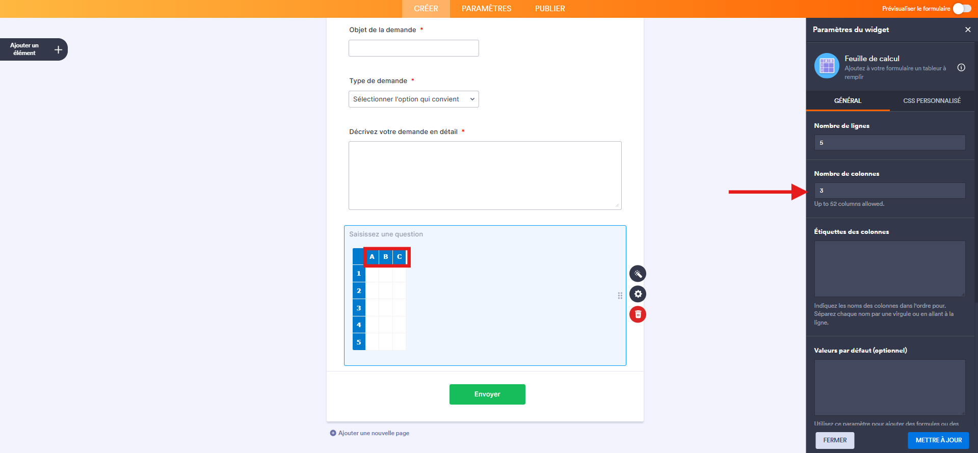 Capture d'écran d'un formulaire dans le Générateur de formulaires Jotform avec une flèche pointant vers Nombre de colonnes dans l'onglet Général du volet Paramètres du widget et un encadré autour des 3 colonnes de l'élément widget Feuille de calcul