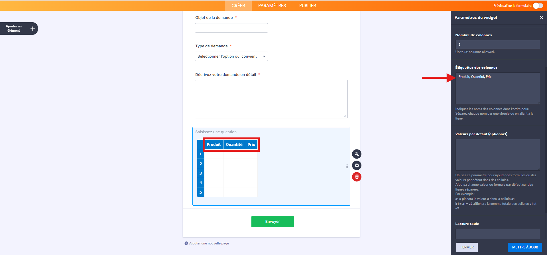Capture d'écran d'un formulaire dans le Générateur de formulaires Jotform avec une flèche pointant vers Étiquettes des colonnes dans l'onglet Général du volet Paramètres du widget et un encadré autour des 3 colonnes Produit, Quantité, Prix de l'élément widget Feuille de calcul
