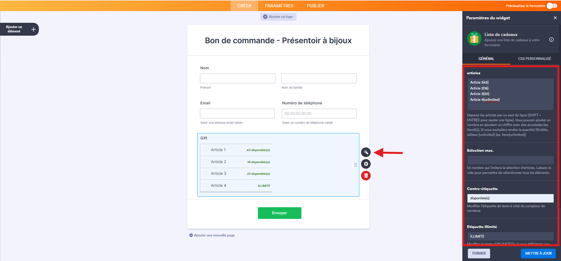 Capture d'écran d'un bon de commande dans le Générateur de formulaires Jotform avec une flèche vers l'icône de baguette magique à droite de l'élément widget Liste de cadeaux et un encadré autour du volet Paramètres du widget