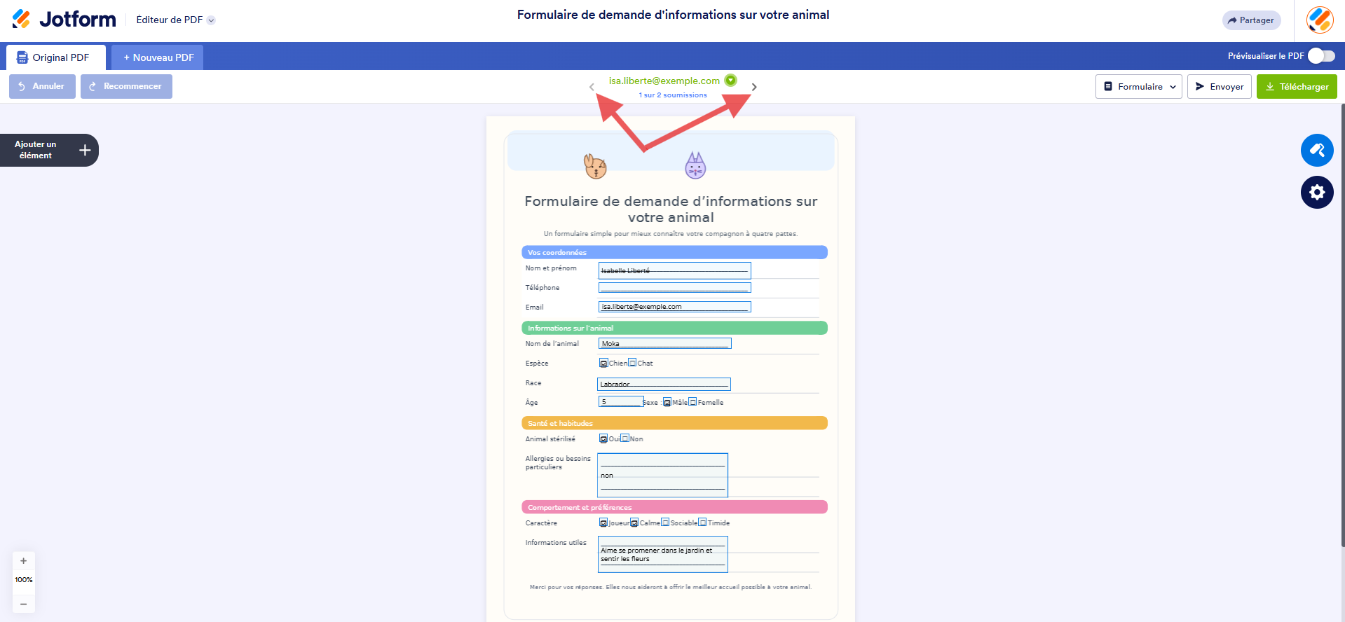 Capture d'écran du formulaire original dans l'Éditeur de PDF Jotform avec deux flèches, une vers « Soumission suivante » et vers « Soumission précédente »