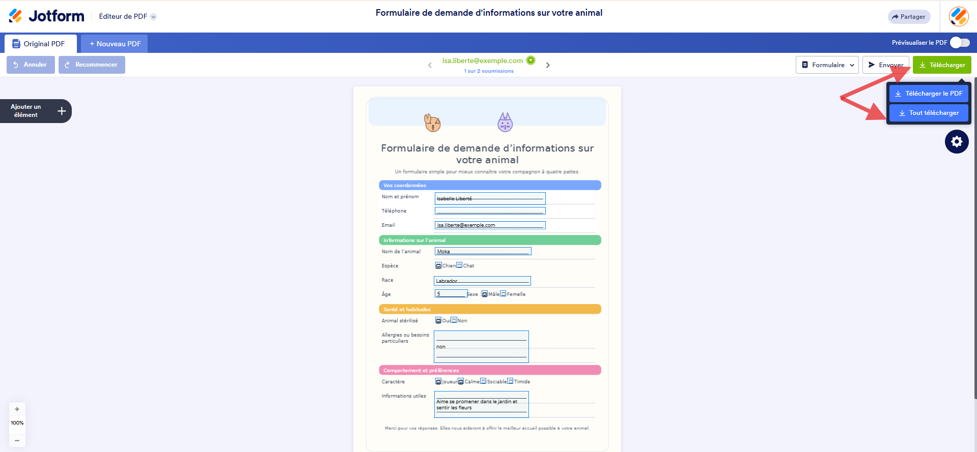 Capture d'écran du formulaire original dans l'Éditeur de PDF Jotform avec deux flèches, une vers « Télécharger » pour ouvrir le menu et une autre vers « Tout télécharger »