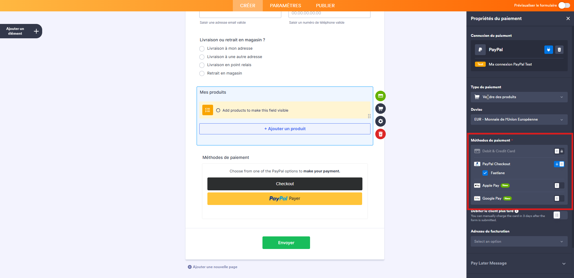 Capture d'écran du volet Propriétés du paiement de l'élément PayPal dans le Générateur de formulaires Jotform avec un encadré autour du menu des méthodes de paiement