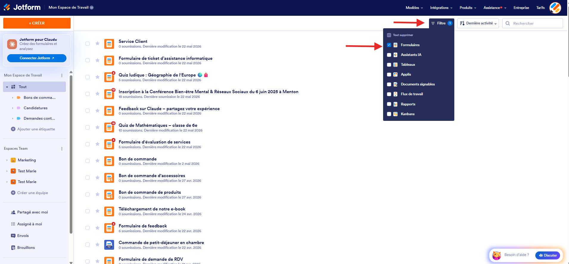 Capture d'écran de la page Mon Espace de Travail Jotform affichant le menu Filtre avec uniquement l'option Formulaires cochée