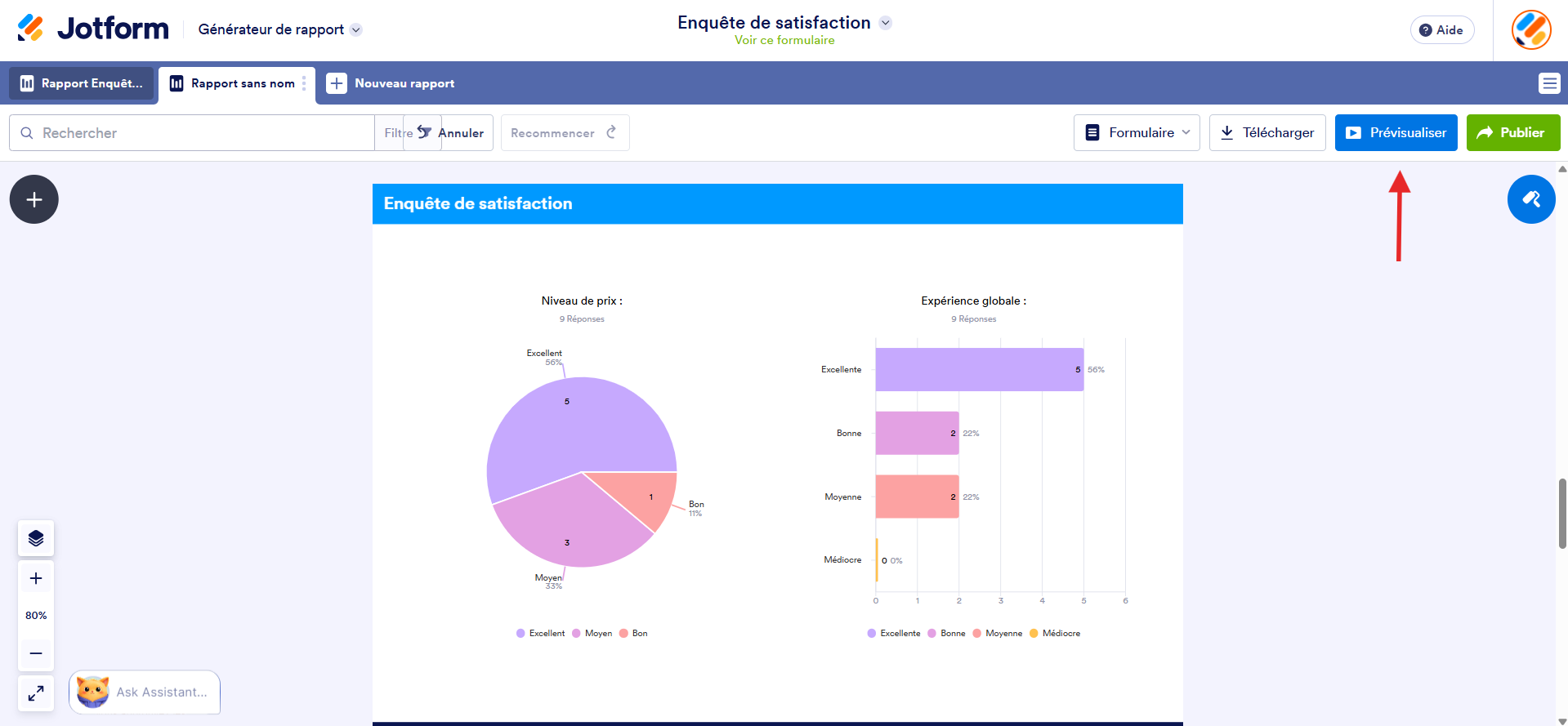 Capture d'écran d'un rapport Enquête de satisfaction dans le générateur de rapports Jotform avec une flèche vers le bouton Prévisualiser