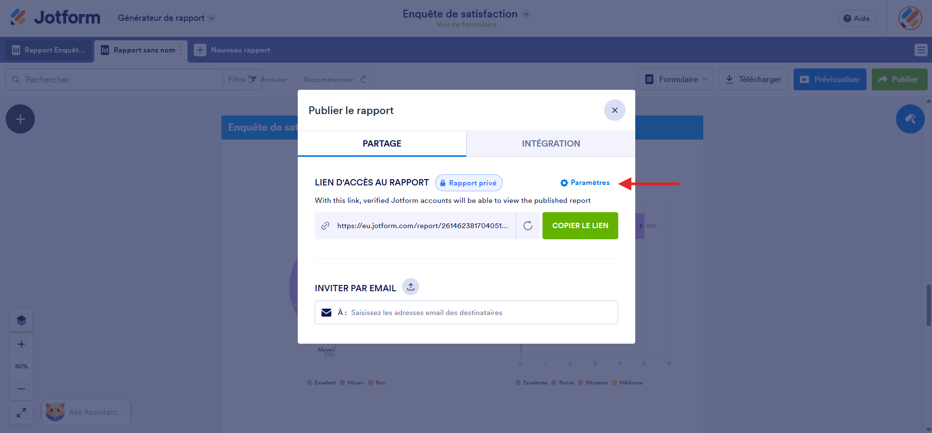 Capture d'écran de la fenêtre modale Publier le rapport dans le Générateur de rapports Jotform avec une flèche vers Paramètres
