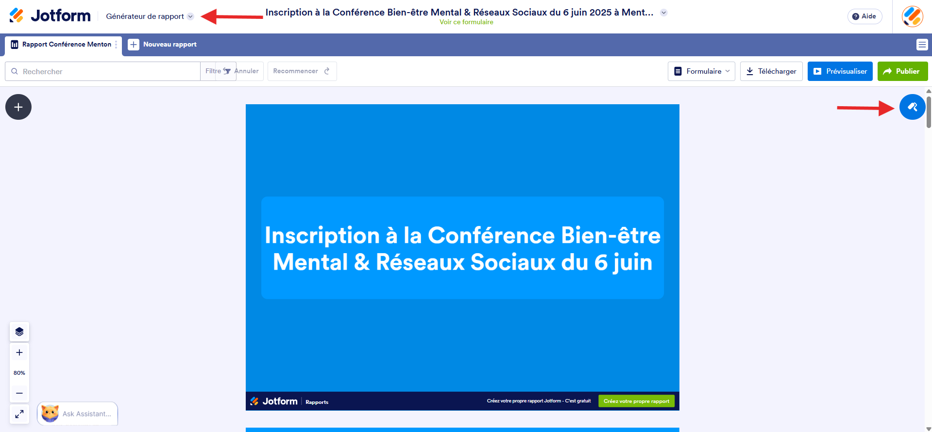 Cliquez pour agrandir Capture d'écran d'un rapport avec une flèche vers Générateur de rapports à droite du logo Jotform et une autre vers l'icône de rouleau à peinture