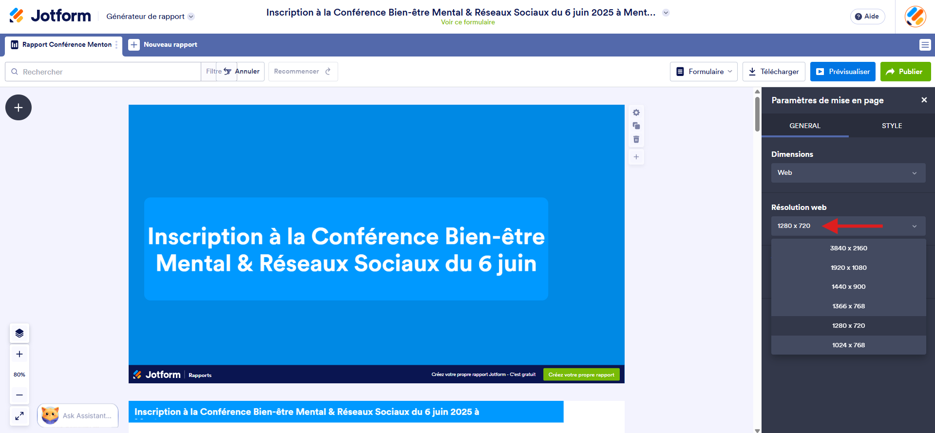 Cliquez pour agrandir Capture d'écran d'un rapport dans le Générateur de rapports Jotform avec une flèche vers la résolution 1280 x 720 sélectionnée dans le champ Résolution web
