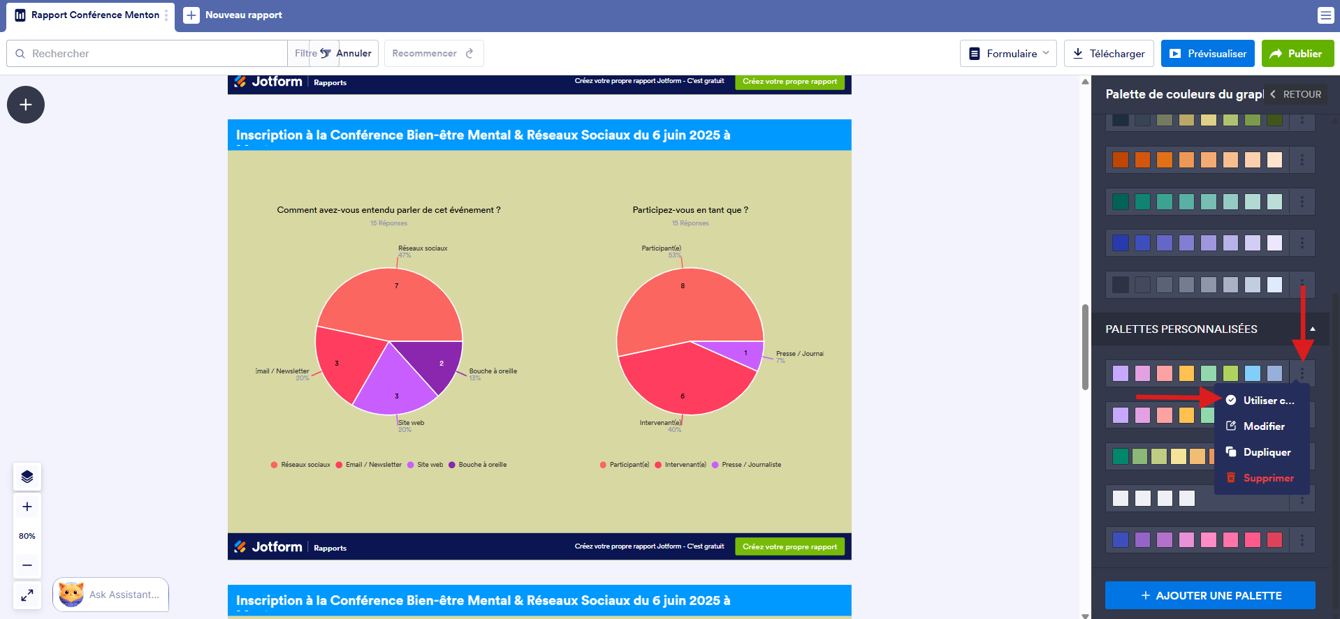Capture d'écran d'une diapositive du rapport dans le Générateur de rapports Jotform avec une flèche vers les trois points à droite d'une palette dans la section Palettes personnalisées et une autre vers l'option Utiliser du menu qui s'est ouvert