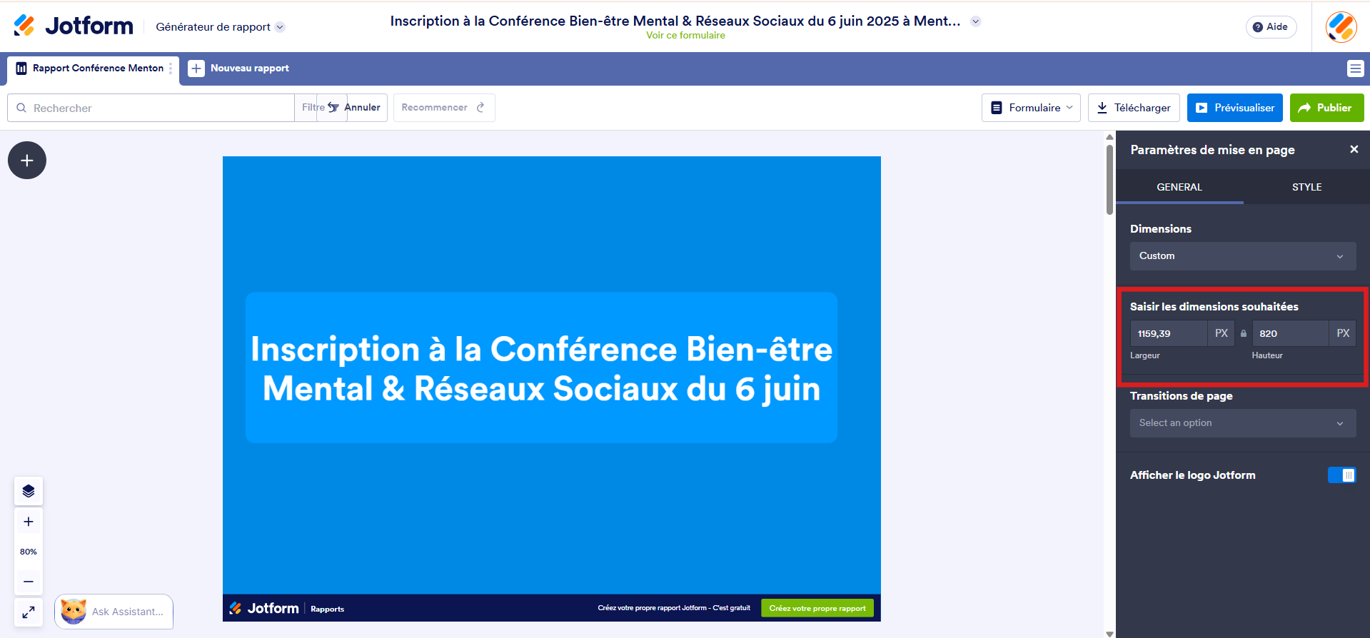 Capture d'écran d'un rapport dans le Générateur de rapports Jotform avec un encadré autour de la section Entrez les dimensions