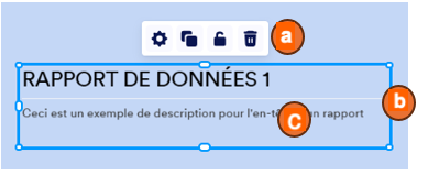 Capture d'écran d'un élément En-tête d'un rapport dans le Générateur de rapports Jotform avec « a » pour indiquer l'icône d'engrenage, une marque « b » pour indiquer la ligne et une marque « c » pour indiquer le sous-en-tête