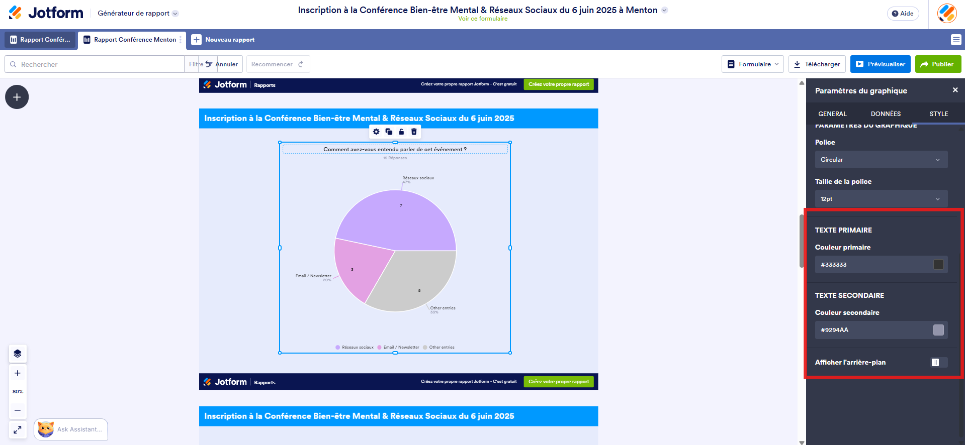 Capture d'écran d'une diapositive d'un rapport avec un graphique, le volet Paramètres du graphique ouvert dans le Générateur de rapports Jotform, l'onglet Style sélectionné, un encadré autour des sections Texte primaire et Texte secondaire