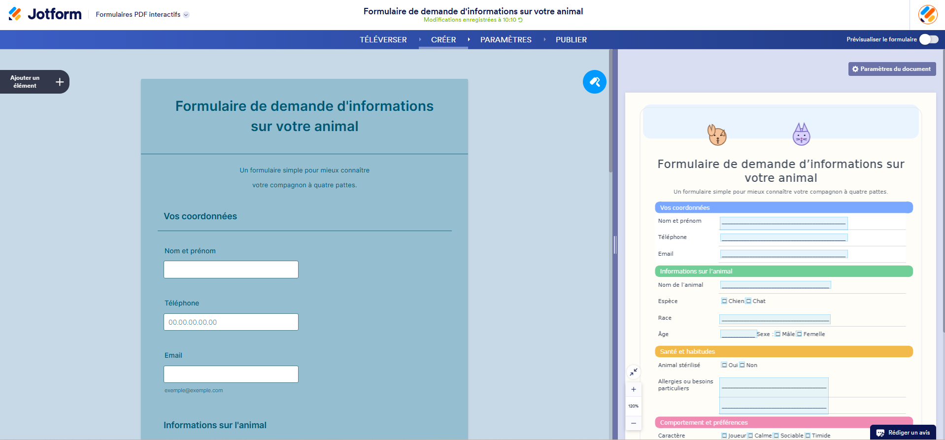 Capture d'écran du formulaire en ligne et du formulaire PDF d'origine affichés côte à côte dans Formulaires PDF interactifs Jotform
