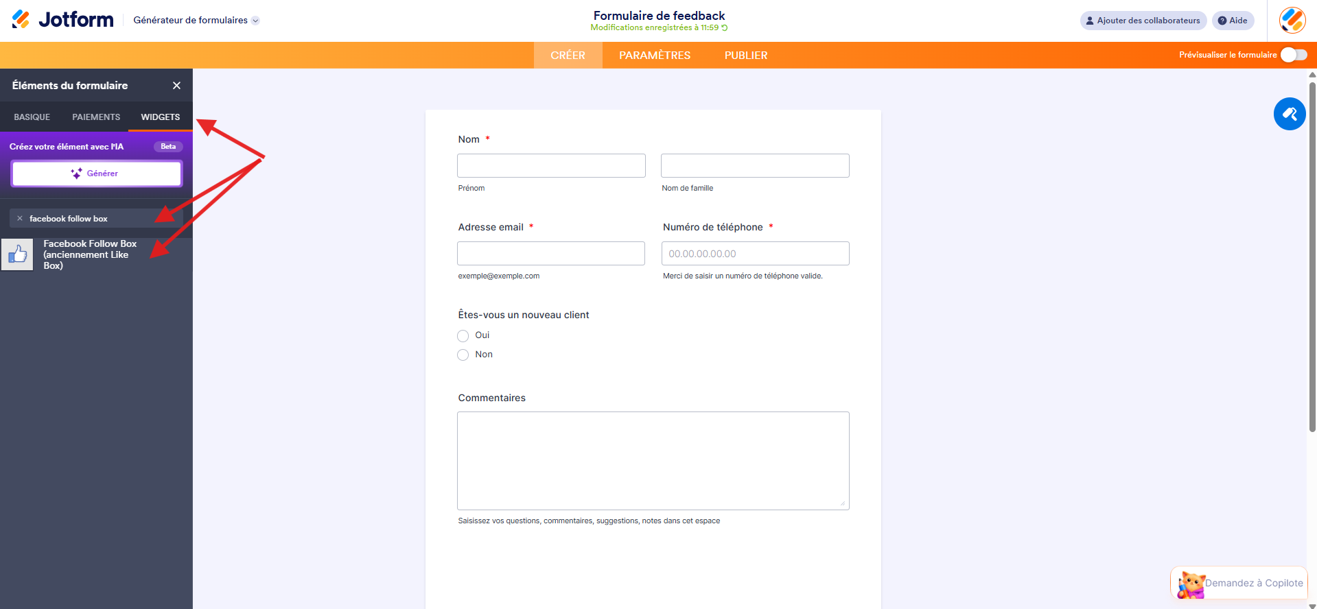 Capture d'écran d'un formulaire dans le Générateur de formulaires Jotform avec une flèche vers l'onglet Widget dans le volet Éléments du formulaire, une autre vers Facebook Follow Box dans la zone de recherche et une troisième vers le widget « Facebook Follow Box »