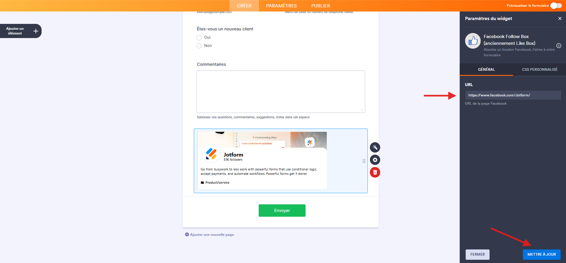 Capture d'écran d'un formulaire dans le Générateur de formulaires Jotform avec le widget Facebook Follow Box ajouté, une flèche vers la zone de saisie de l'URL et une autre vers le bouton Mettre à jour