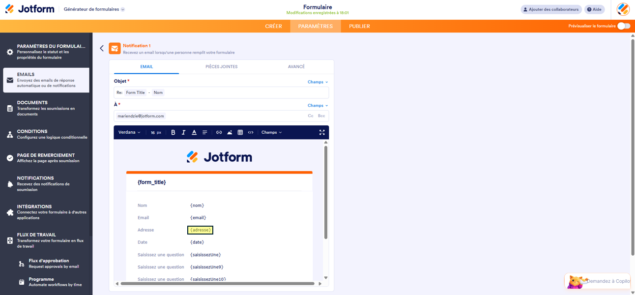 Capture d'écran d'un exemple de champ Adresse dans une  notification par email dans Jotform