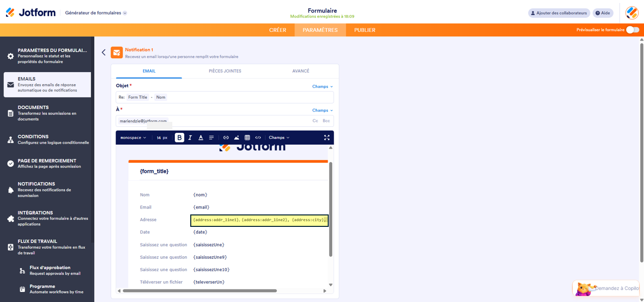 Capture d'écran d'un exemple de champ Adresse dans une  notification par email avec des champs Adresse spécifiques dans Jotform