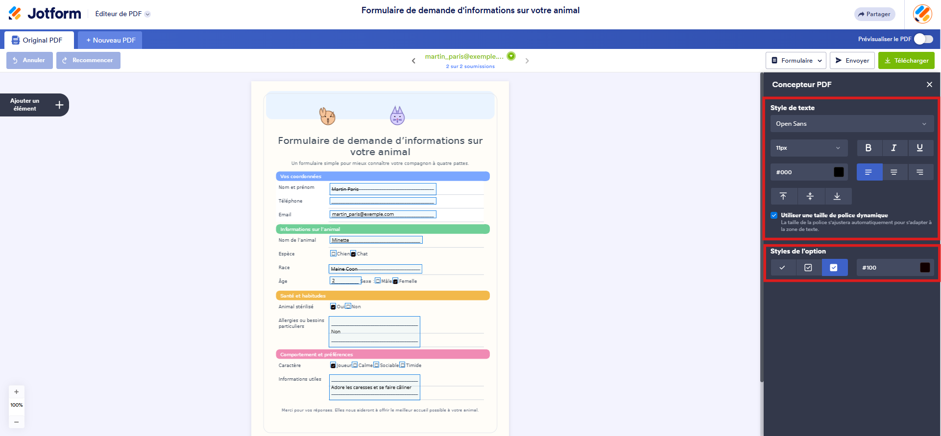 Capture d'écran d'un formulaire d'origine dans les Formulaires PDF interactifs Jotform avec un encadré autour de la section Style de texte dans le volet Concepteur PDF et un autre encadré autour de la section Style des options