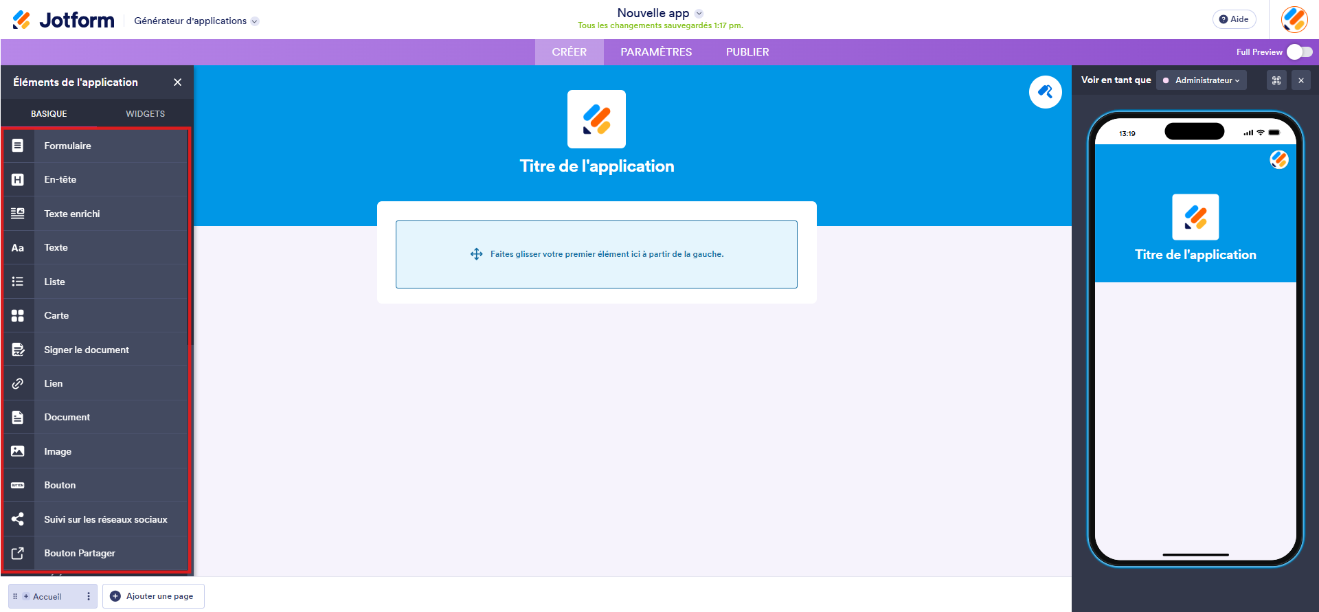 Capture d'écran de l'interface du Générateur d'applications avec le volet Éléments de l'application à gauche et un encadré autour des options d'éléments sous l'onglet Basique