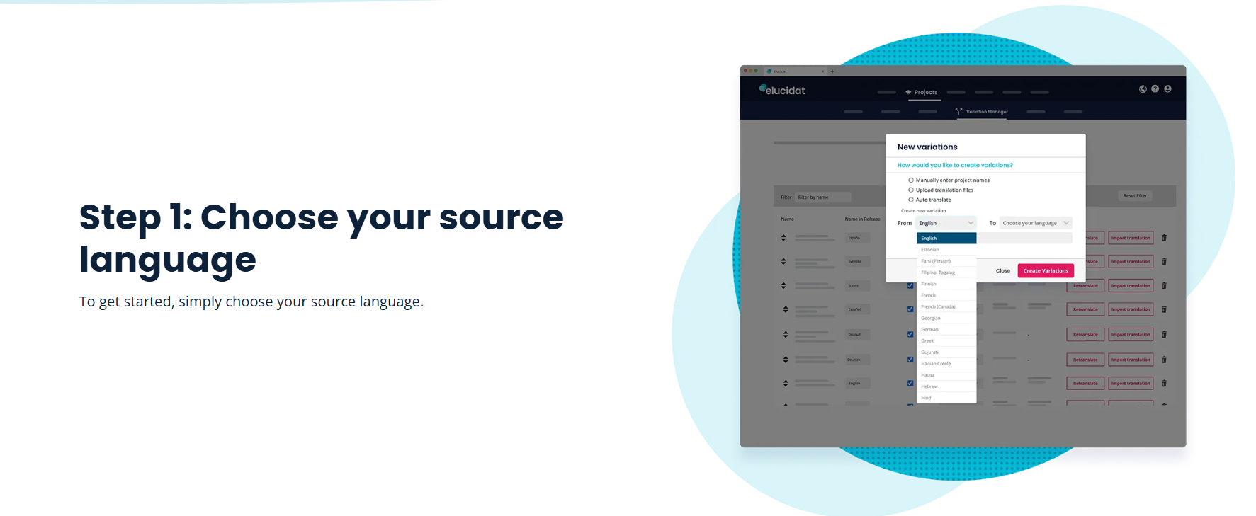 Elucidat website page with the words: "Step 1: Choose your source language" and an image of a dropdown menu within the Elucidat interface showing various languages
