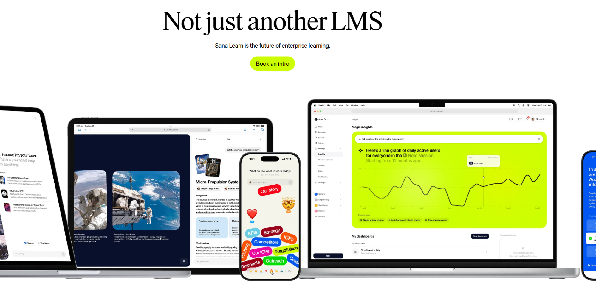 Sana Learn website page with the words: "Not just another LMS