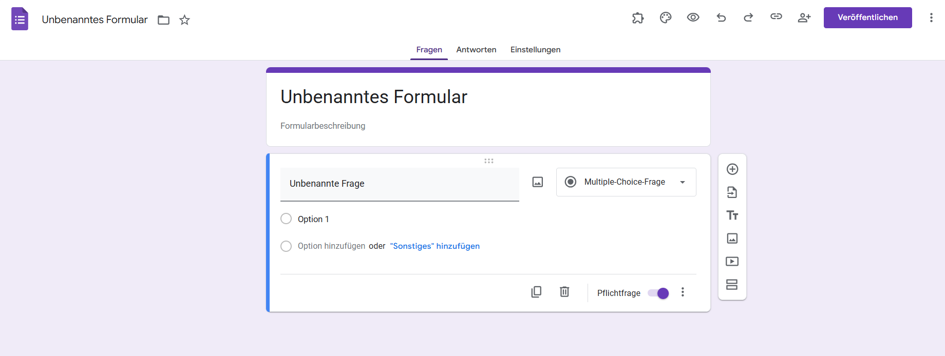 Google Formulare "Unbenanntes Formular" Seite