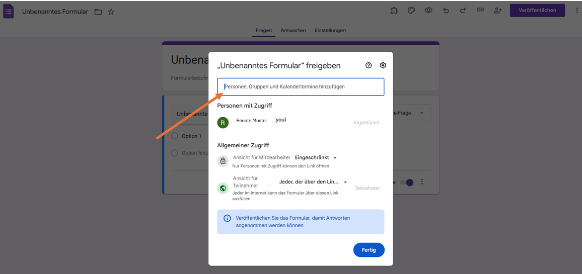 Geben Sie die E-Mail-Adresse des neuen Eigentümers des Google-Formulars ein