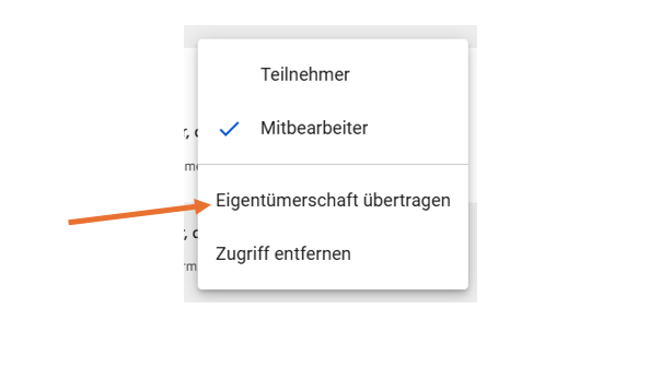 Google Formulare Dropdown-Menü mit Optionen zum Übertragen des Eigentums und zum Entfernen des Zugriffs für Mitbearbeiter